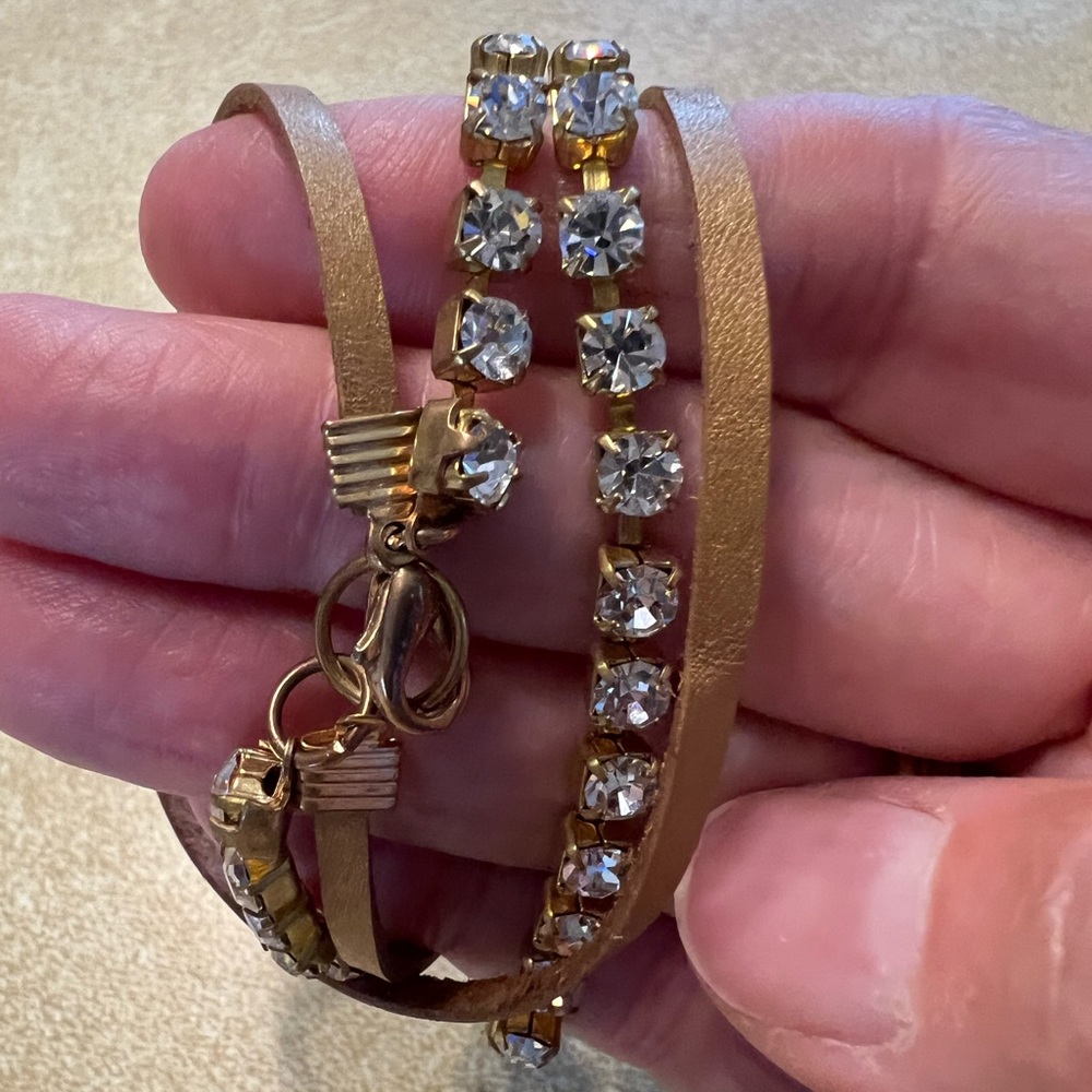 Rhinestone and Gold Leather Double strand Bracelet